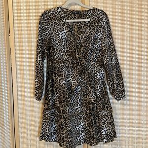 Ruguest Womens L Faux Wrap Dress Ruffle Cheetah Sexy Midi Boho Whimsical Animal